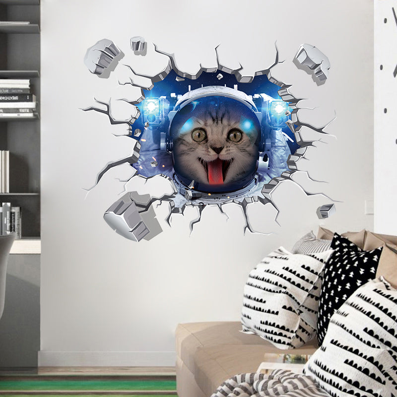 Miico Creative 3D Space Astronaut Cat Broken Wall PVC Removable Home Room Decor Sticker