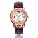 Fashion Rose Gold Flowing Crystal Roman numerals Ladies Dress Bracelet Leather Women Quartz Watch