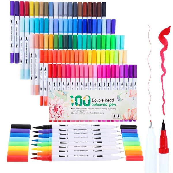 48/60/80/100 Pcs Colors Dual Head Brush Colored Pens Fine Liner Drawing Painting Watercolor Marker Pen School Art Supplies