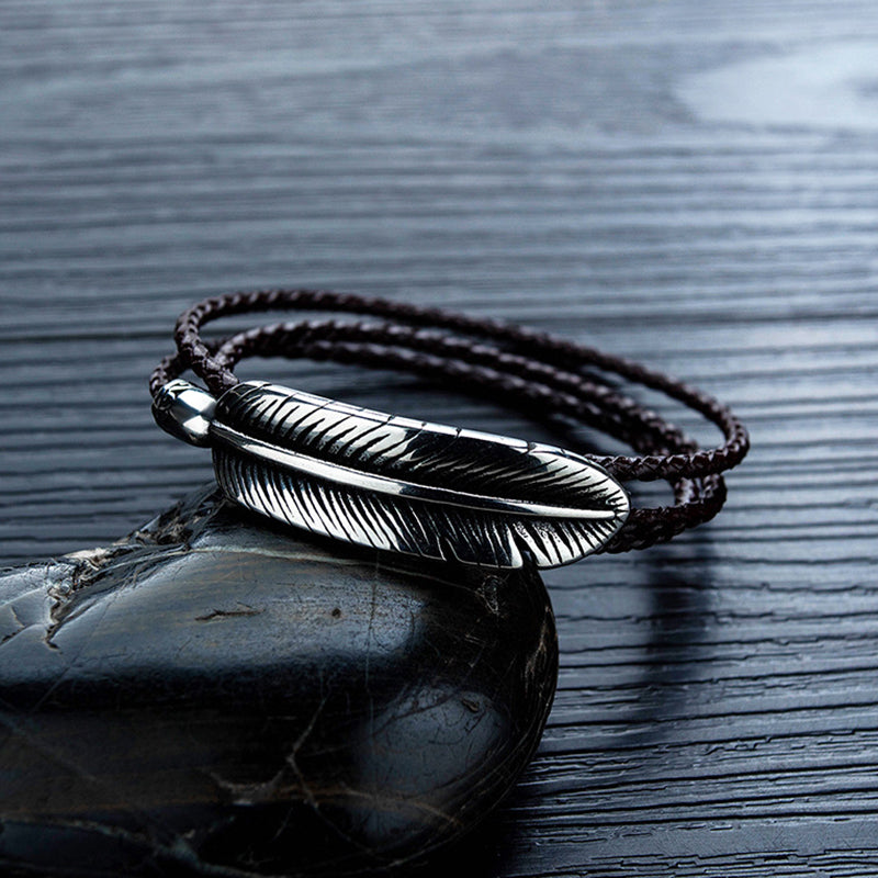 Titanium Steel Feather Skin Multi-layer Stainless Steel Braided Leather Male Bracelet