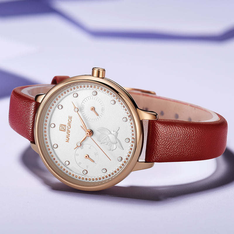 NAVIFORCE 5003 Diamonds Elegant Design Ladies Wrist Watch Genuine Leather Strap Quartz Watch