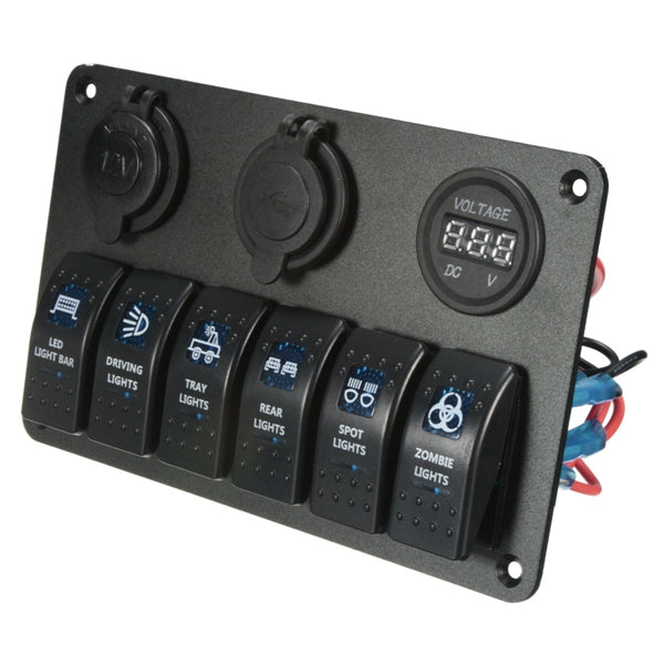 6 Gang LED Rocker Switch USB Charger Socket Volt Meter Panel For Car Marine Boat