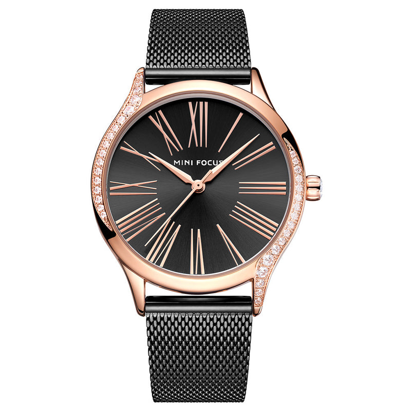 MINI FOCUS 0259L Casual Style Crystal Women Wrist Watch Stainless Steel Band Quartz Watch