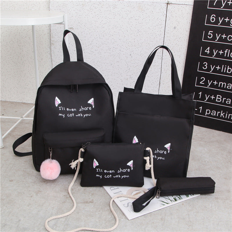 4 Pcs/Set Women Canvas Backpack Shoulder Bag Crossbody Bag Pencil Case Fashion Travel Laptop Bag Leisure Backpacks For Teenage Girls Cat Ear Letters Print School Bag