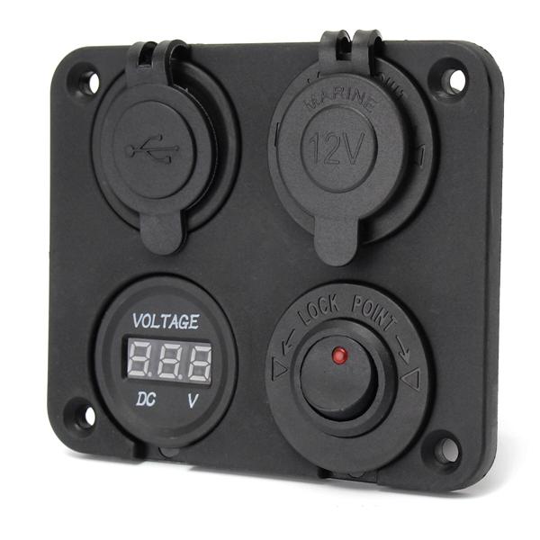 Dual USB Adapter Charger & Sockets & Digital Voltmeterr & Switch Panel