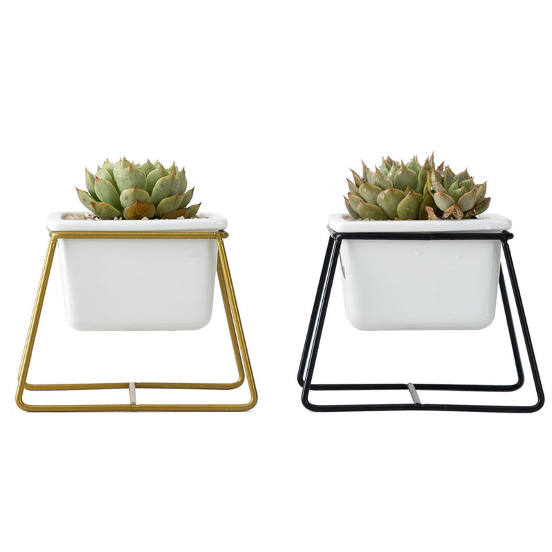 Ceramic Plant Flower Pot Metal Holder Set Geometric Planter Chic Indoor Garden Display Decorations
