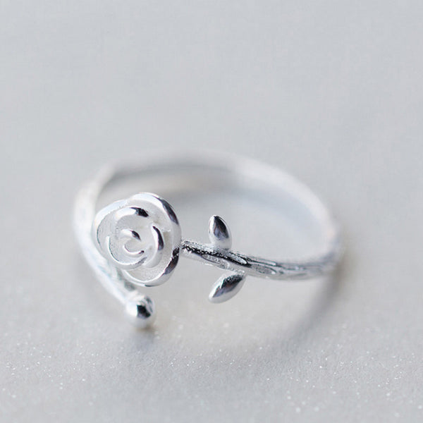 Trendy Open Finger Ring 925 Silver Rose leaves Plants Simple Adjustable Size Rings Jewelry for Women