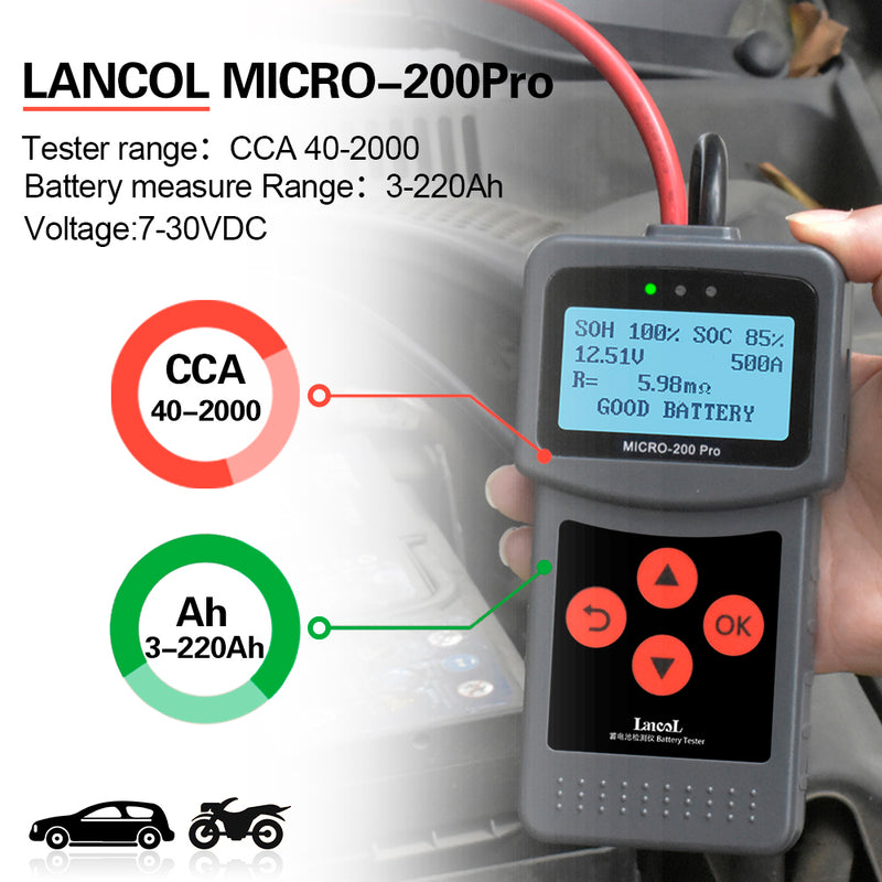 LANCOL Micro-200 Pro 12V Car Motorcycle Battery Tester SAE CCA JIS Digital Battery Analyzer Micro-200Pro