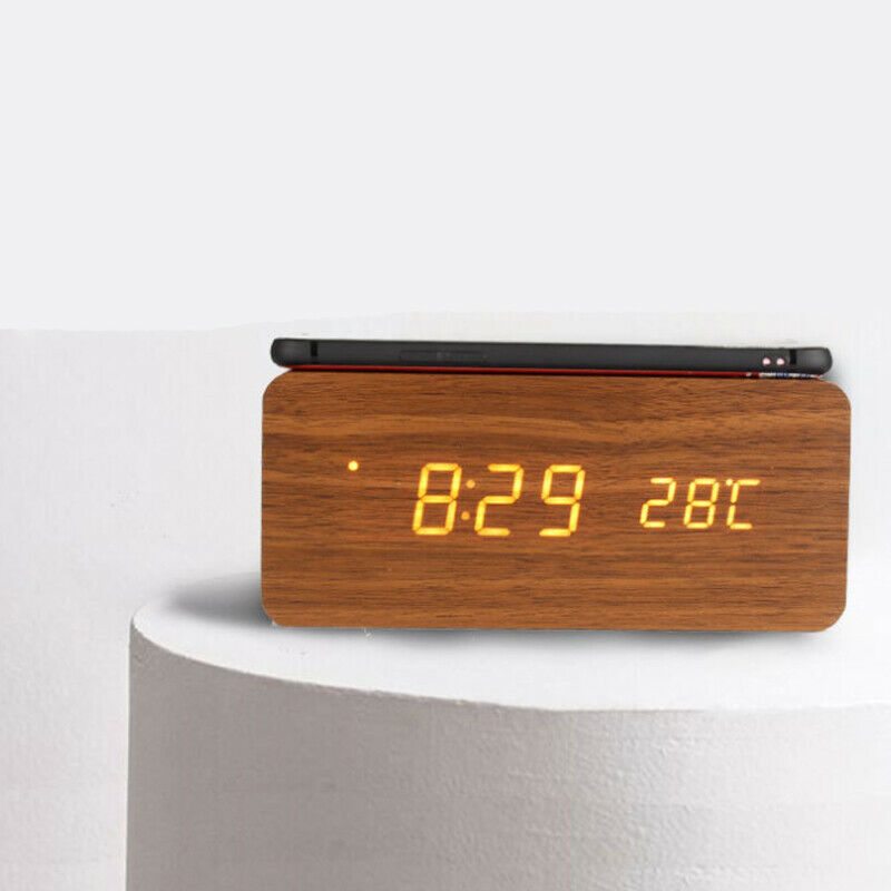 Modern Qi Wireless Charger Wooden Wood Digital LED Alarm Clock Thermometer