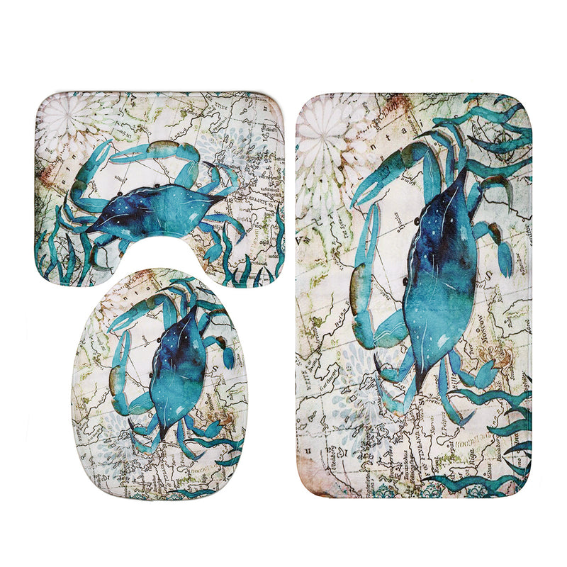 Crab Printing Bathroom Shower Curtain Toilet Cover Mat Non-Slip Rug Set