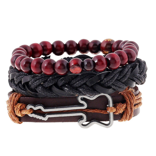 Vintage Buddha Beads Bracelet Guitar Charm Multilayer Cow Leather Bracelet Wristband for Men
