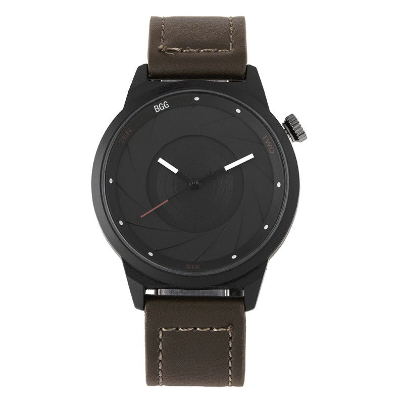 Creative Men Leather Strap Simple Back Aperture Pattern Dial White Needle Quartz Watch
