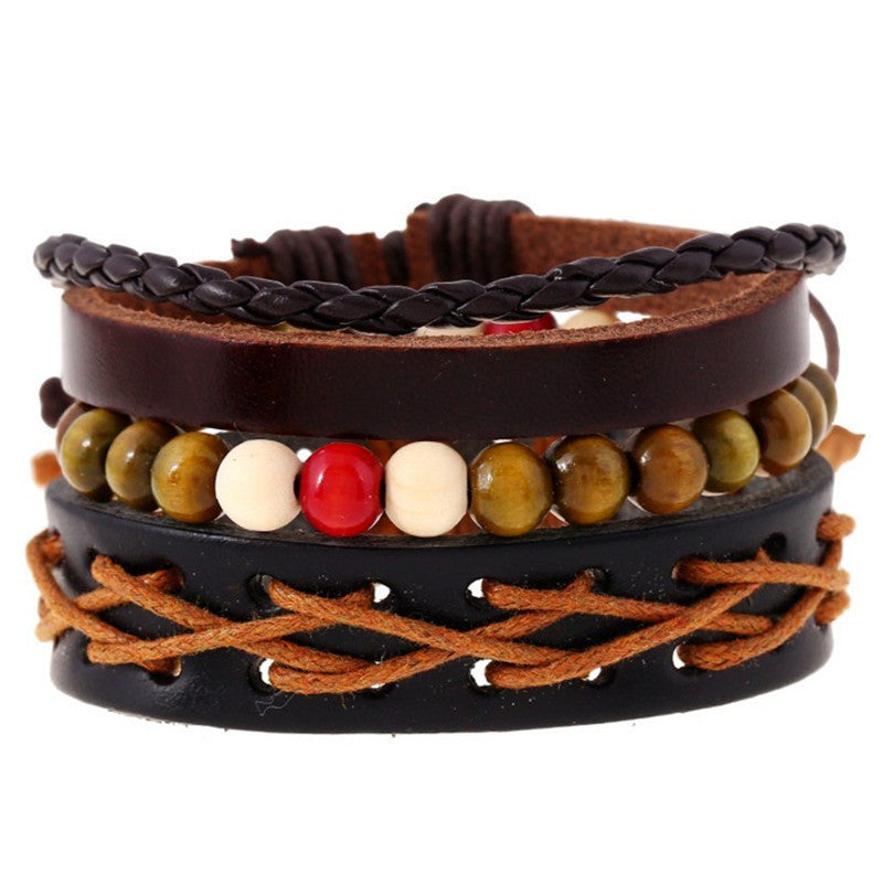 Retro Multiplayer Leather Bracelet Cowhide Hemp Wood Beads Bracelets for Men
