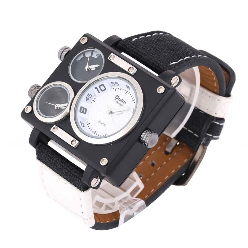 OULM 3595 Men Watch Fashion Three Time Zones Alloy Case Textile Watch Band Quartz Watch