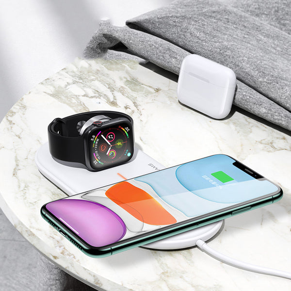 USAMS US-CD119 Double Coils 10W Qi Wireless Charger Phone Charger Earphone Charger Watch Charger for Qi-enabled Smart Phones Apple AirPods Pro Apple Watch Series 1 2 3 4 5