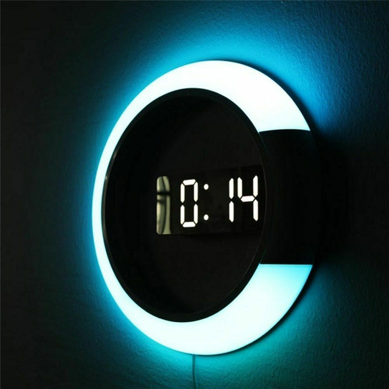 3D Led Digital Alarm Wall Clock Mirror Hollow Nightlight Living Room Decor