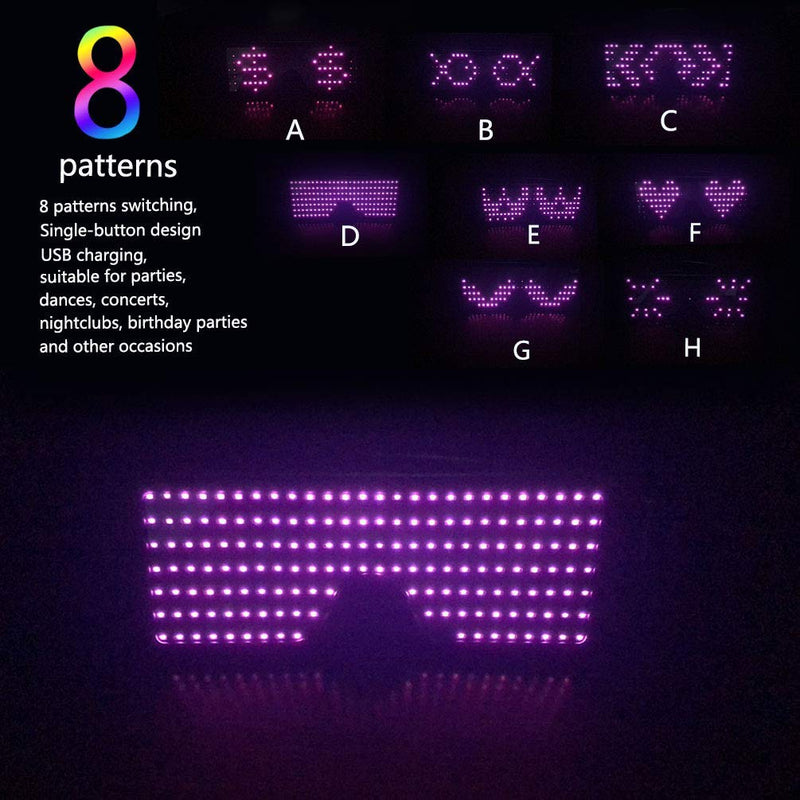 LUSTREON USB Chargeable LED Party Light Up Glasses with 8 Patterns for Nightclub Christmas Wearing