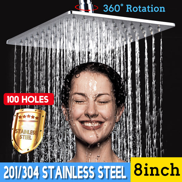 8 Inch Shower Head Large Waterfall 360 Rotation Square Head 201/304 Stainless Steel