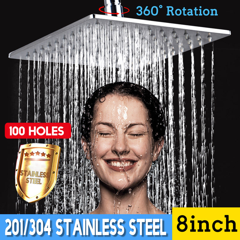 8 Inch Shower Head Large Waterfall 360 Rotation Square Head 201/304 Stainless Steel