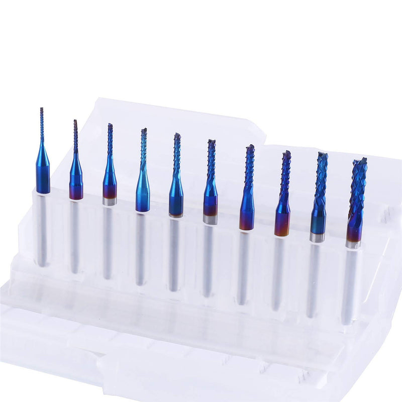 10Pcs 0.8-3mm Blue Nano Coating Engraving Milling Cutter Carbide End Mill CNC Router Bits 1/8 Inch Shank