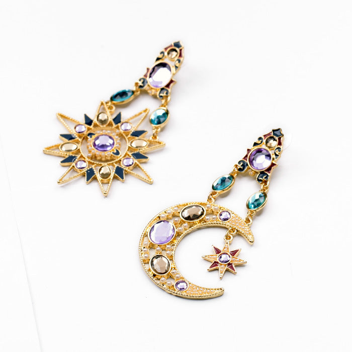 Bohemian Goddess Moon Sun Ear Drop Earring Gold Rhinestone Earring For Women
