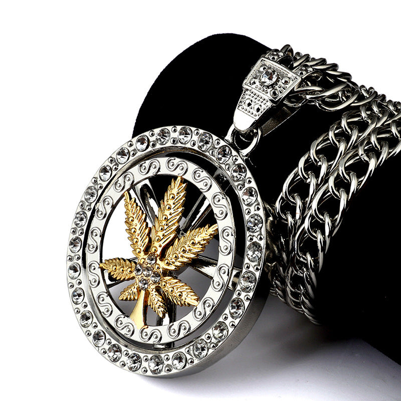 Hip Hop Spinning Snake Chain Marijuana Gold Leaf Pendant Necklace Wholesale for Men