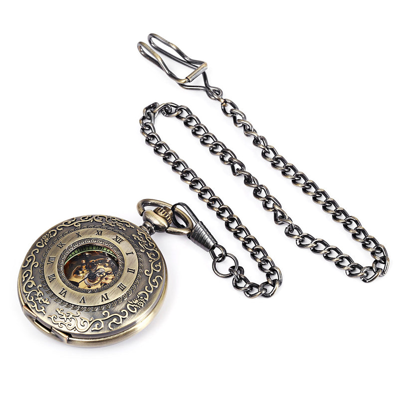 JIJIA JX009 Carved Flower Cover Hollow Cover Alloy Bronze Mechanical Pocket Watch