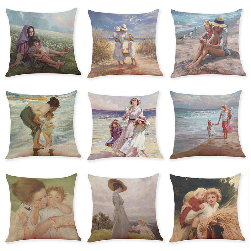 Oil Painting Style Cushion Cover Cotton Linen Square Pillow Case Mother's Day Gift