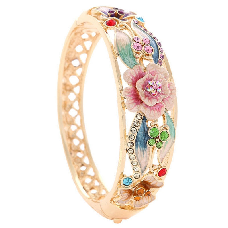Retro 18K Gold Plated Rhinestone Bracelets Elegant Butterfly Flowers Bangle Bracelet For Women
