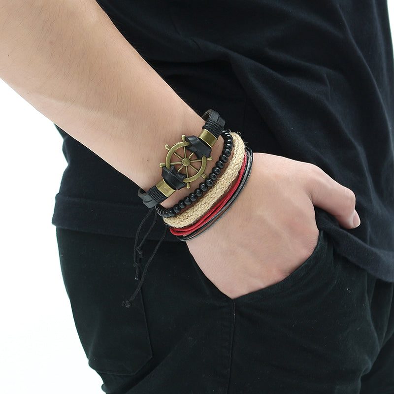 Punk Multilayer Hand Woven Bracelet Rudder Boat Anchor Beaded Bracelet Unisex Wholesale