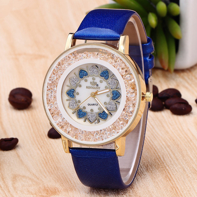 Crystal Shining Dress Ladies Watch Rose Gold Case Leather Strap Quartz Watches