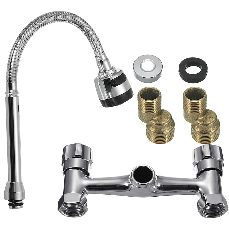 Chrome Basin Sink Mixer Tap Dual Handle Hot Cold Water Faucet Adjustable Swivel Spout Kitchen