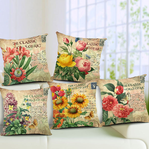 Flowers Pattern Quote Pillow Case Sparkly and Colorful Cotton Linen Vintage Style Cushion Cover