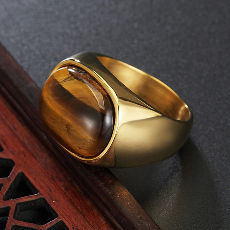 REZEX Retro Tiger Eye Stone Finger Rings Men's Titanium Steel Ring