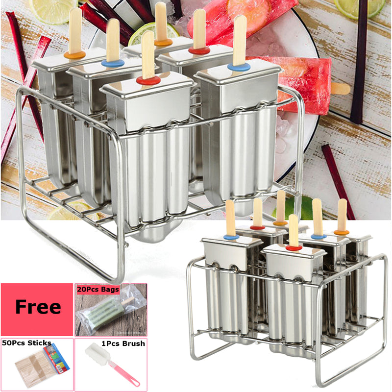6 Cell Frozen Ice Cream Pop Mold Popsicle Maker Lolly Mould Tray Pan Kitchen DIY