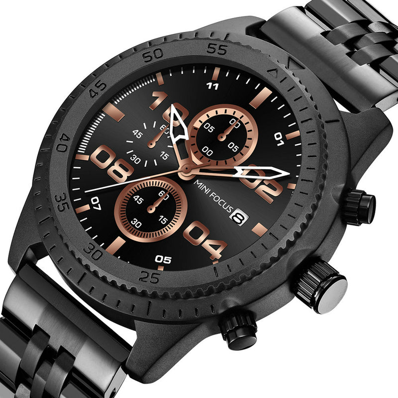 MINI FOCUS 0230G Fashion Men Watch Waterproof Chronograph Multi-function Stainless Steel Strap Quartz Watch