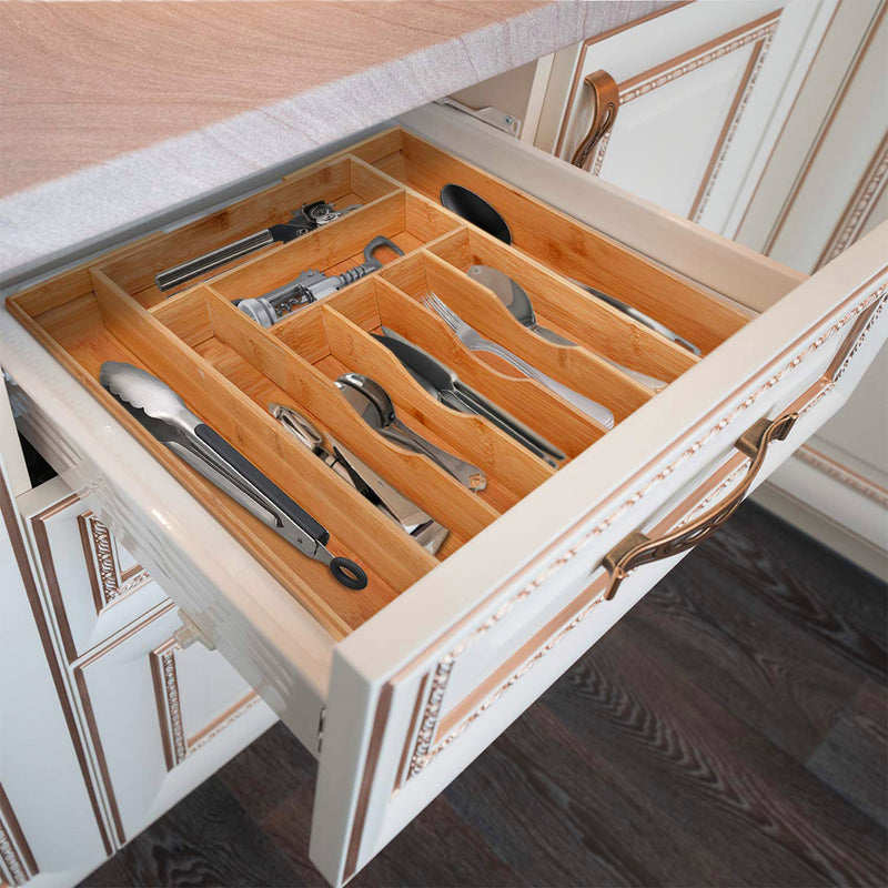 8 Grid Bamboo Kitchen Drawer Organizer Silverware Storage Container Box and Cutlery Tray