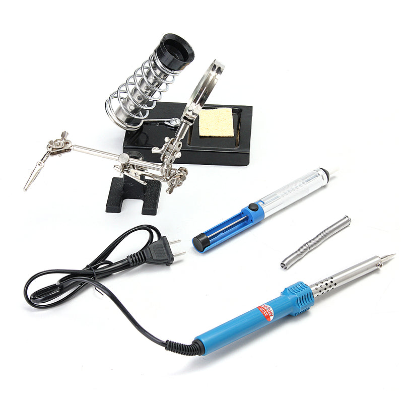 60w Soldering Iron Tips Tool Kit Stand Sponge Desolder Pump Solder Wire Magnifier AU
