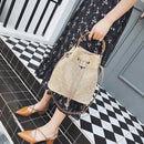 Women Drawstring Beach Bag Bucket Barrel Pouch Crossbody Messenger Straw Knitted Bamboo Handle Handbag Tote Outdoor Travel