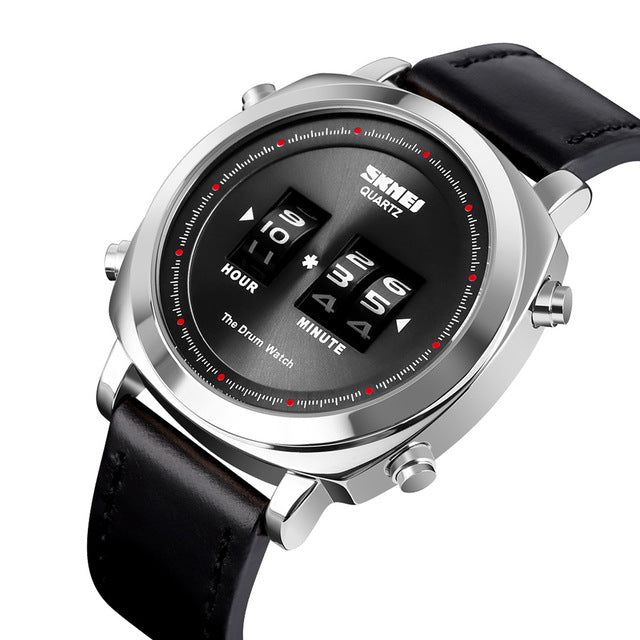 SKMEI 1519 Creative Rolling Time Display Leather Strap 30M Waterproof Men Watch Quartz Watch