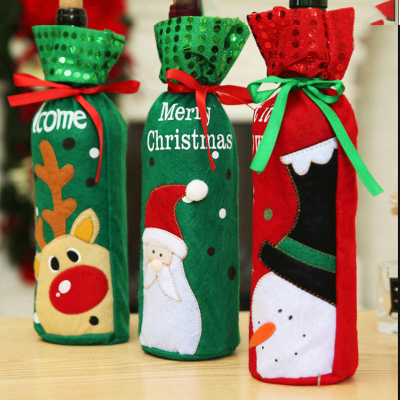 Sequined Bottle Cover Bag Santa Claus Elk Snowman Christmas Table Decorations