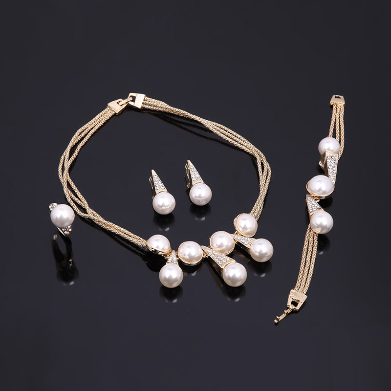 Luxury Bridal Jewelry Pearls 18K Gold Charm Necklace Bracelet Earrings Ring Set for Women
