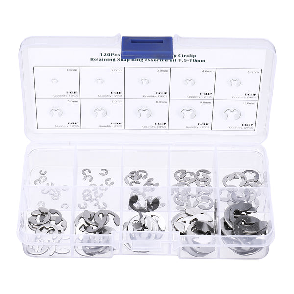 120Pcs 304 Stainless E-Clip Retaining Snap Ring E-type Circlip Assortment Kit 1.5-10mm