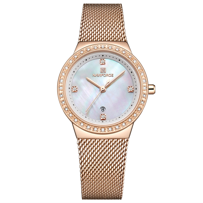 NAVIFORCE 5005 Crystal Casual Style Ladies Wrist Watch Waterproof Stainless Steel Band Quartz Watch