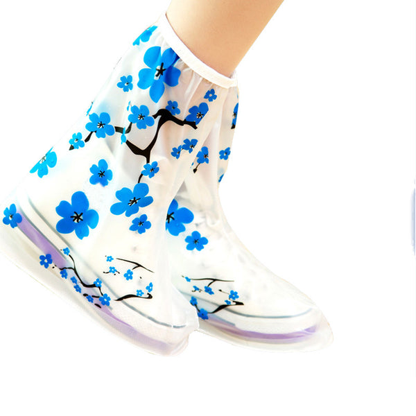 1Pair PVC Reusable Rain Shoe Covers Non-slip Boots Thicken Soles Raincoats Impermeable Blue Plum Flower Overshoes