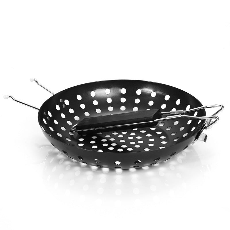 Non Stick BBQ Grilling Skillet with Folding Handle Round BBQ Pizza Grill Pan For Veggies Seafood BBQ