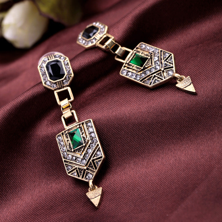 Retro Emerald Diamond Ear Drop Rhinestone Earring Long Style Earrings For Women
