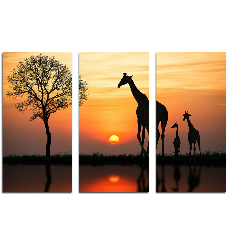 Miico Hand Painted Three Combination Decorative Paintings Giraffe In The Sunset Wall Art For Home Decoration
