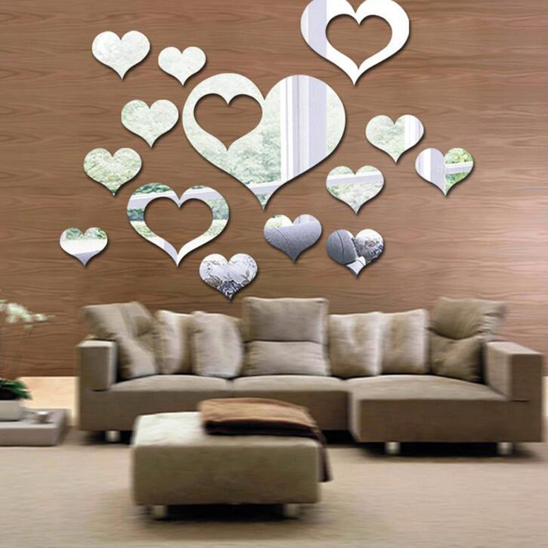 Honana DX-Y2 16Pcs Cute Silver DIY Heart Mirror Wall Stickers Home Wall Bedroom Office Decor