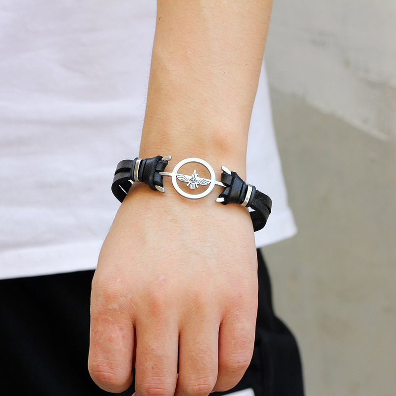 Fashion Stainless Steel Eagle Charm Genuine Leather Bracelet Men Jewelry